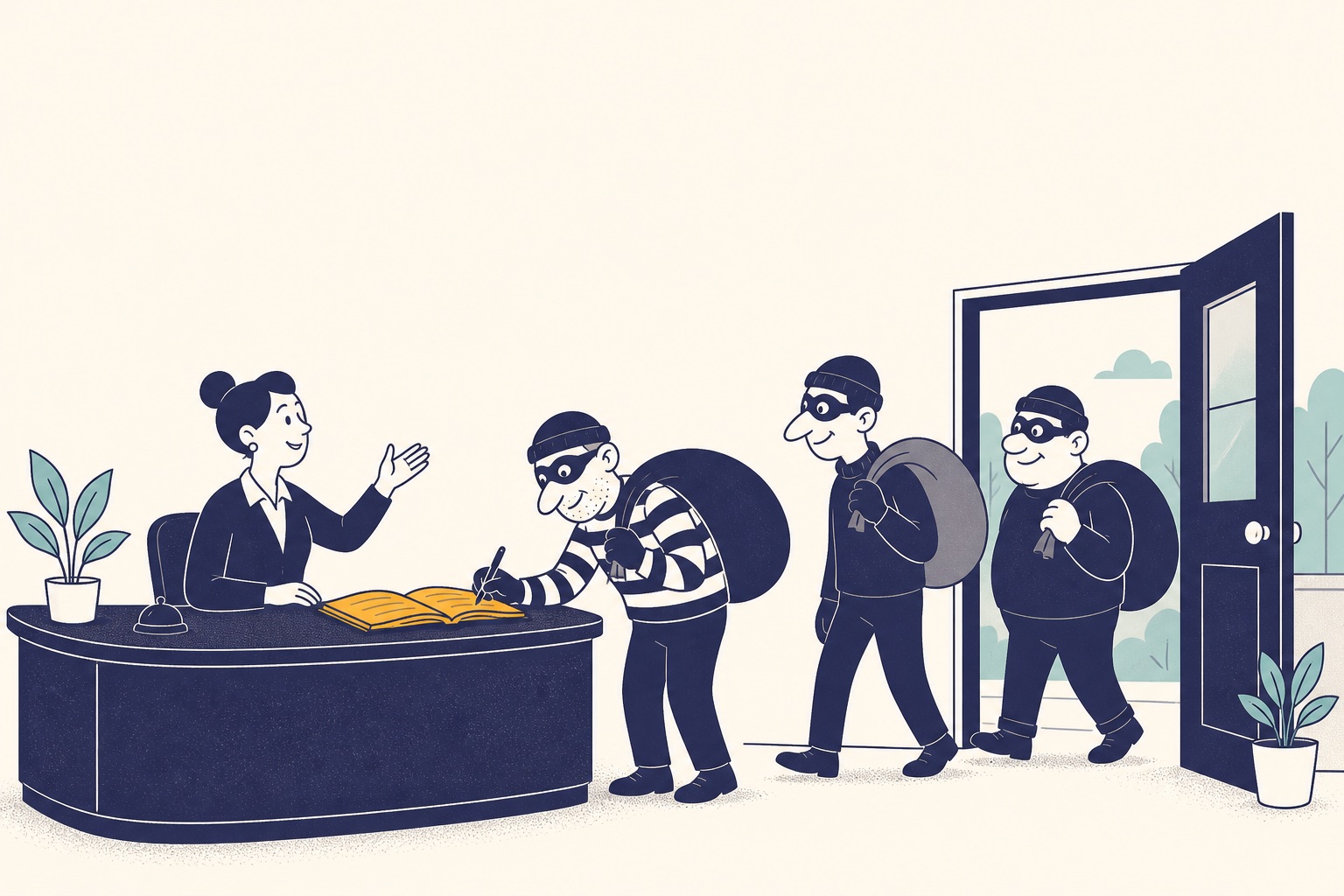 Cartoon of a smiling receptionist welcoming masked burglars with swag bags as they queue through an open door to sign the visitor book